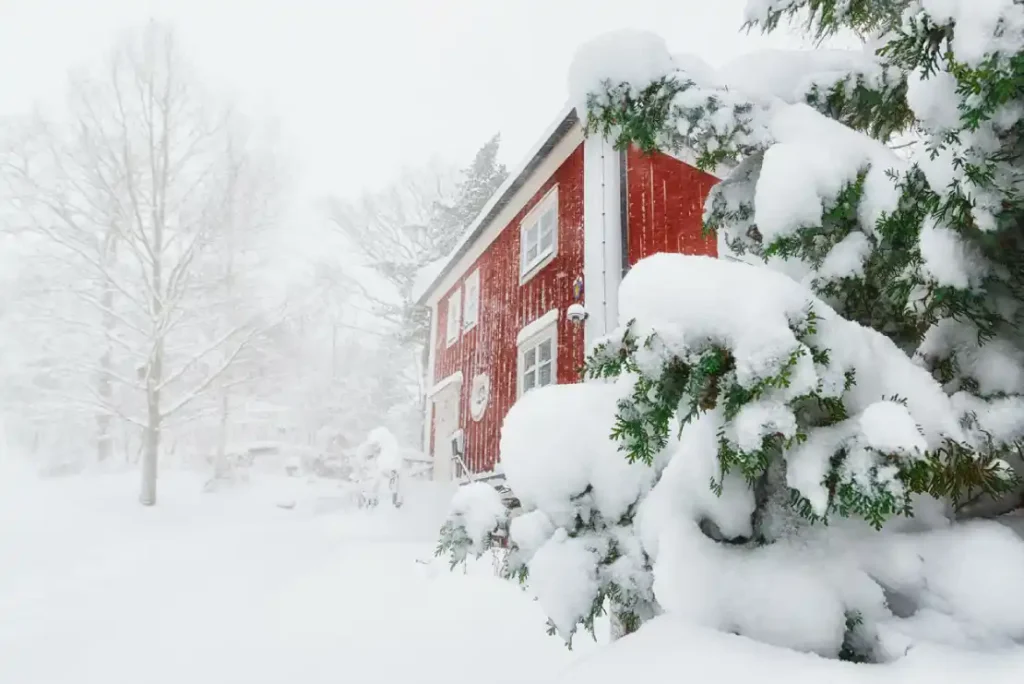 Winter and summer preparations for holiday homes in Småland, Sweden. a red house with snow on it